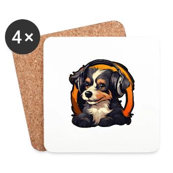 Süßer Hund Welpe mit Kopfhörern Berner Sennenhund - Untersetzer (4er-Set) - Weiß - Vorne