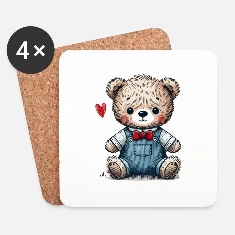 Vintage-Teddybär mit Latzhose - Untersetzer (4er-Set) - Weiß