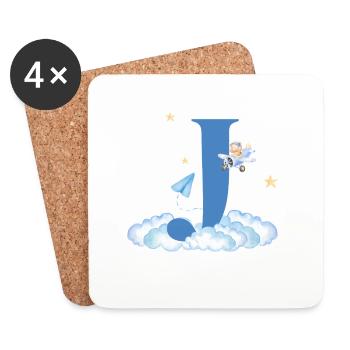Letter j Blue Clouds Airplane Child - Coasters (set of 4) - white - Front