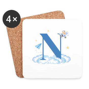 Letter n Blue Clouds Airplane Child - Coasters (set of 4) - white - Front