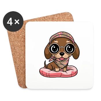 Kawaii Dackel mit Brille - Untersetzer (4er-Set) - Weiß - Vorne