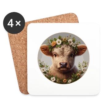 Highlander-Kalb mit Blumen - Untersetzer (4er-Set) - Weiß - Vorne