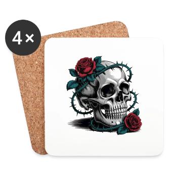 Crâne avec des fleurs de roses - Dessous de verre (lot de 4) - blanc - Devant