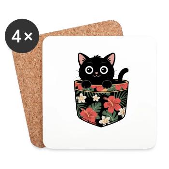 Cute Black Cat in Tropical Pocket Design - Coasters (set of 4) - white - Front