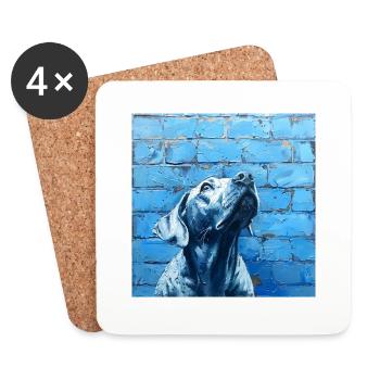Chien levant fidèlement les yeux devant le mur bleu - Dessous de verre (lot de 4) - blanc - Devant