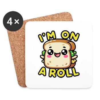 Kawaii Chibi Sandwich – I'm on a Roll Fun Food Pun - Coasters (set of 4) - white - Front