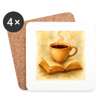 Buch und Kaffee - Untersetzer (4er-Set) - Weiß - Vorne