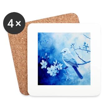 Songbird Branch Blossoms Shades of Blue Filigree Drawing - Coasters (set of 4) - white - Front