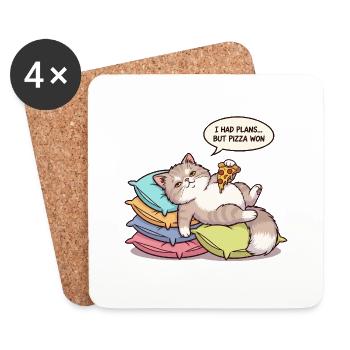 Faule Katze mit Pizza - Untersetzer (4er-Set) - Weiß - Vorne