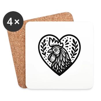 Poulet Amour Ferme Animal Coeur Art Populaire - Dessous de verre (lot de 4) - blanc - Devant