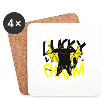 Lucky Charm Black Cat Bat Wings Halloween - Coasters (set of 4) - white - Front