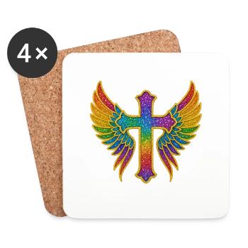 Cross with wings | Glitter Gold Sequins - Coasters (set of 4) - white - Front
