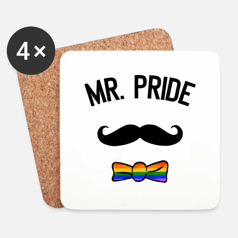 Mr Pride LGBT CSD Gay Pride Mustache Regenbogen - Untersetzer (4er-Set) - Weiß