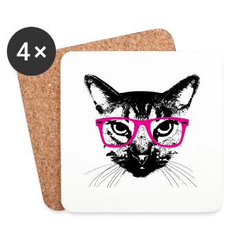 Hipster Katze Pinke Brille - Hipster Cat glasses - Untersetzer (4er-Set) - Weiß - Vorne
