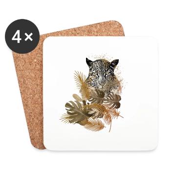 léopard, chat, chat sauvage, peinture, feuilles, or - Dessous de verre (lot de 4) - blanc - Devant