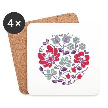 Fleurs hongroises, rouges, fleurs colorées, vrilles, fleur - Dessous de verre (lot de 4) - blanc - Devant