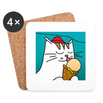Chat avec crème glacée à fond bleu - Dessous de verre (lot de 4) - blanc - Devant