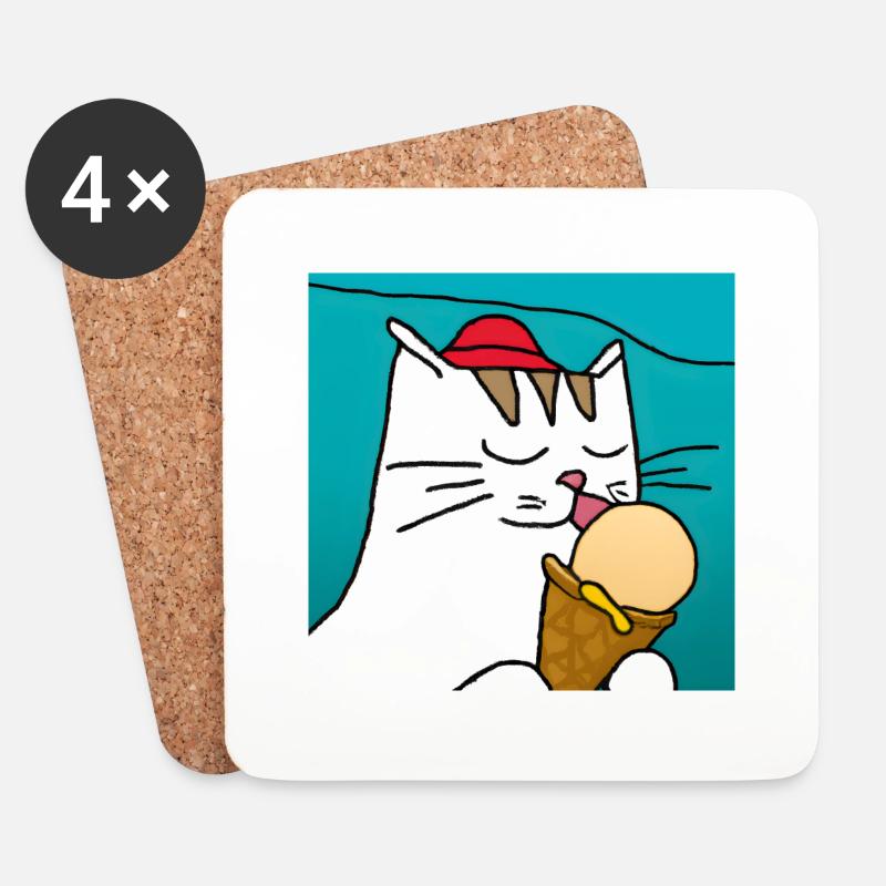 Katze mit Eis mit blauem Hintergrund - Untersetzer (4er-Set) - Weiß
