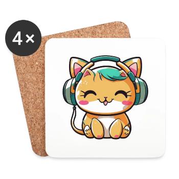 Kawaii Cute Happy Colorful Cat avec des écouteurs - Dessous de verre (lot de 4) - blanc - Devant