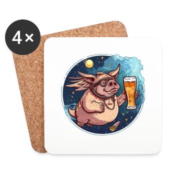 Cochon avec ailes et bière - Dessous de verre (lot de 4) - blanc - Devant