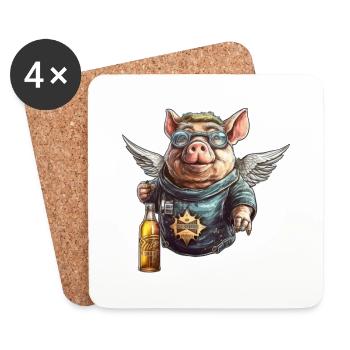 Fliegendes Schwein mit Bier - Lustig und Frech - Untersetzer (4er-Set) - Weiß - Vorne