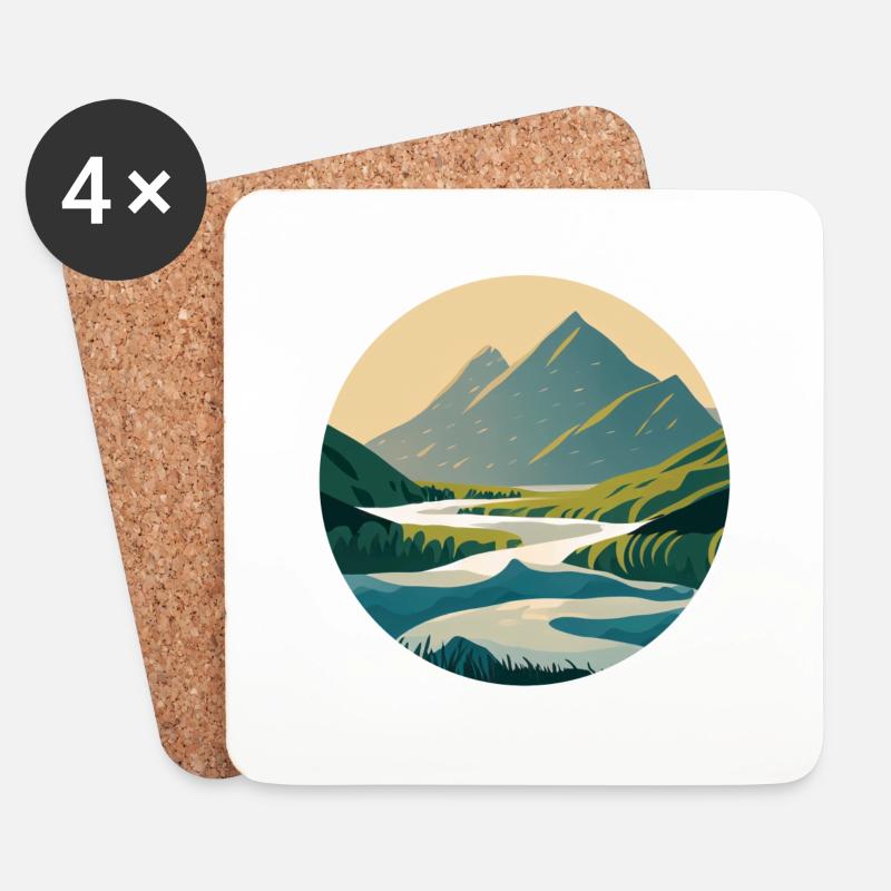 Mountains with River Nature Illustration/Grafik - Untersetzer (4er-Set) - Weiß