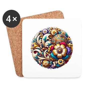 Oval Floral Blue and Pink Inspired Russian Art - Coasters (set of 4) - white - Front