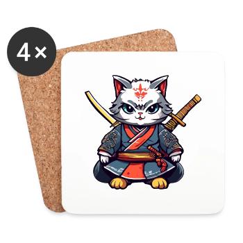 Chat samouraï #40 - Dessous de verre (lot de 4) - blanc - Devant