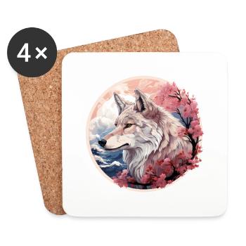 Japanese Wolf, Cherry Blossom - Coasters (set of 4) - white - Front