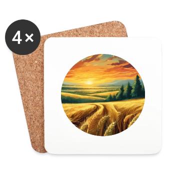 Paysage avec champ et forêt au coucher du soleil - Dessous de verre (lot de 4) - blanc - Devant
