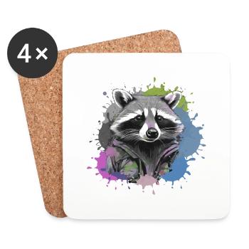 raton laveur, noir et blanc, gris, aquarelle, coloré - Dessous de verre (lot de 4) - blanc - Devant