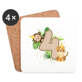 Vierter Geburtstag Dschungel Tiger Affe 4. Junge - Untersetzer (4er-Set) - Weiß - Vorne