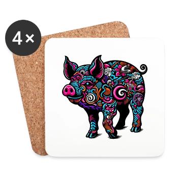 Buntes Schwein - Untersetzer (4er-Set) - Weiß - Vorne