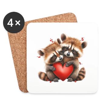 Deux ratons laveurs tenant un cœur pour la Saint-Valentin - Dessous de verre (lot de 4) - blanc - Devant