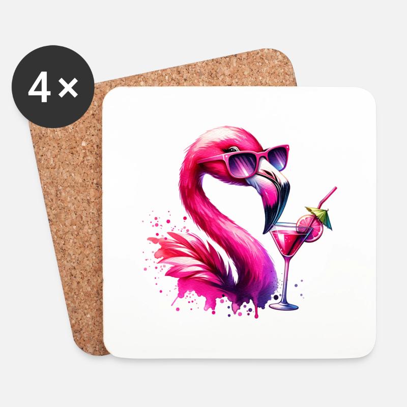 Fenicottero rosa con occhiali da sole e cocktail - Sottobicchieri (set da 4 pezzi) - bianco