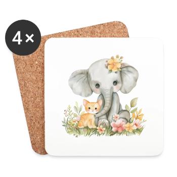 Cute Cat And Elephant Friends - Untersetzer (4er-Set) - Weiß - Vorne