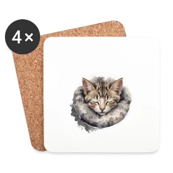 Schlafshirt mit süßer Katze Müde Kätzchen Kuscheln - Untersetzer (4er-Set) - Weiß - Vorne