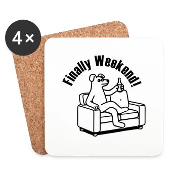 Dog on a couch - "Finally Weekend!" Design - Coasters (set of 4) - white - Front