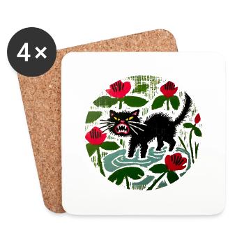 Chat noir et coquelicots - Dessous de verre (lot de 4) - blanc - Devant