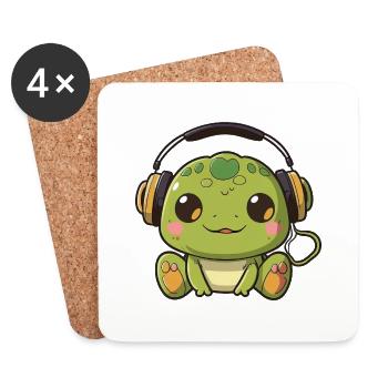 Kawaii Mignon Happy Colorful Frog avec écouteurs - Dessous de verre (lot de 4) - blanc - Devant