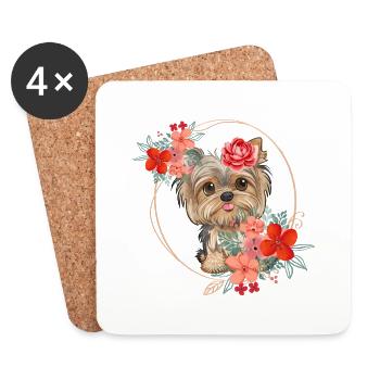 Spring design - Yorkshire Terrier in a wreath of flowers - Coasters (set of 4) - white - Front
