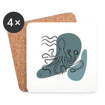 "Oktopus", Boho Line Art Design, Serie "Ocean" - Untersetzer (4er-Set) - Weiß - Vorne