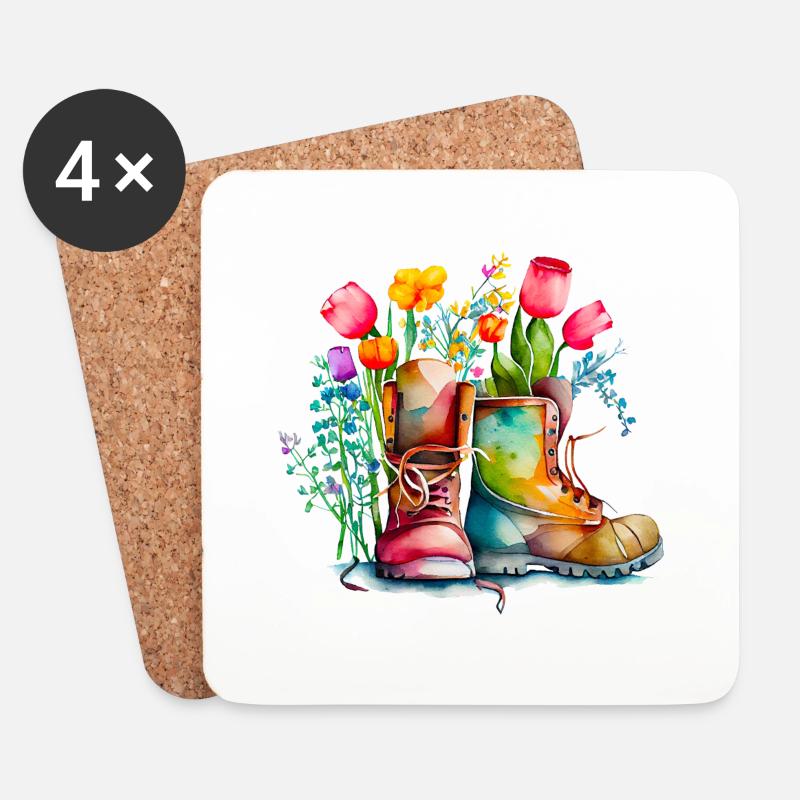 Gartenstiefel mit Blumen, Gartenfreude, Gärtner - Untersetzer (4er-Set) - Weiß