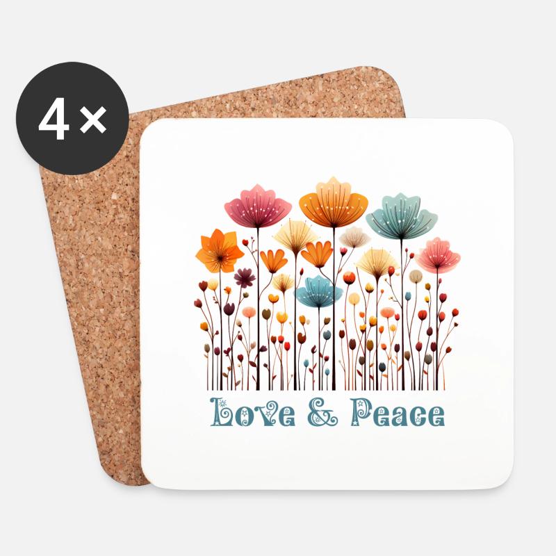 Mohn Blumen Schriftzug Love & Peace Liebe Frieden - Untersetzer (4er-Set) - Weiß