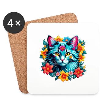 chat et fleur aquarelle - Dessous de verre (lot de 4) - blanc - Devant