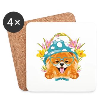 Chien mignon de Poméranie avec chapeau bleu et yeux - Dessous de verre (lot de 4) - blanc - Devant