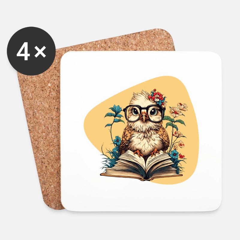 Eule mit Buch - Untersetzer (4er-Set) - Weiß