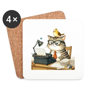 Katze, Vogel, Schreibmaschine - Untersetzer (4er-Set) - Weiß - Vorne