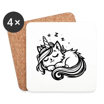 Chat licorne endormi (noir) - Dessous de verre (lot de 4) - blanc - Devant