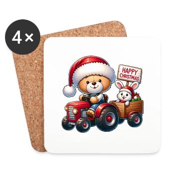 Teddy als Weihnachtsmann mit Traktor und Häschen. - Untersetzer (4er-Set) - Weiß - Vorne